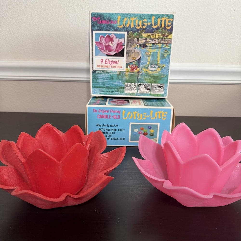 Vintage Lotus Lite Floating Pool Candle Holder Set Of 2 Red‎ Pink Candle-Glo USA